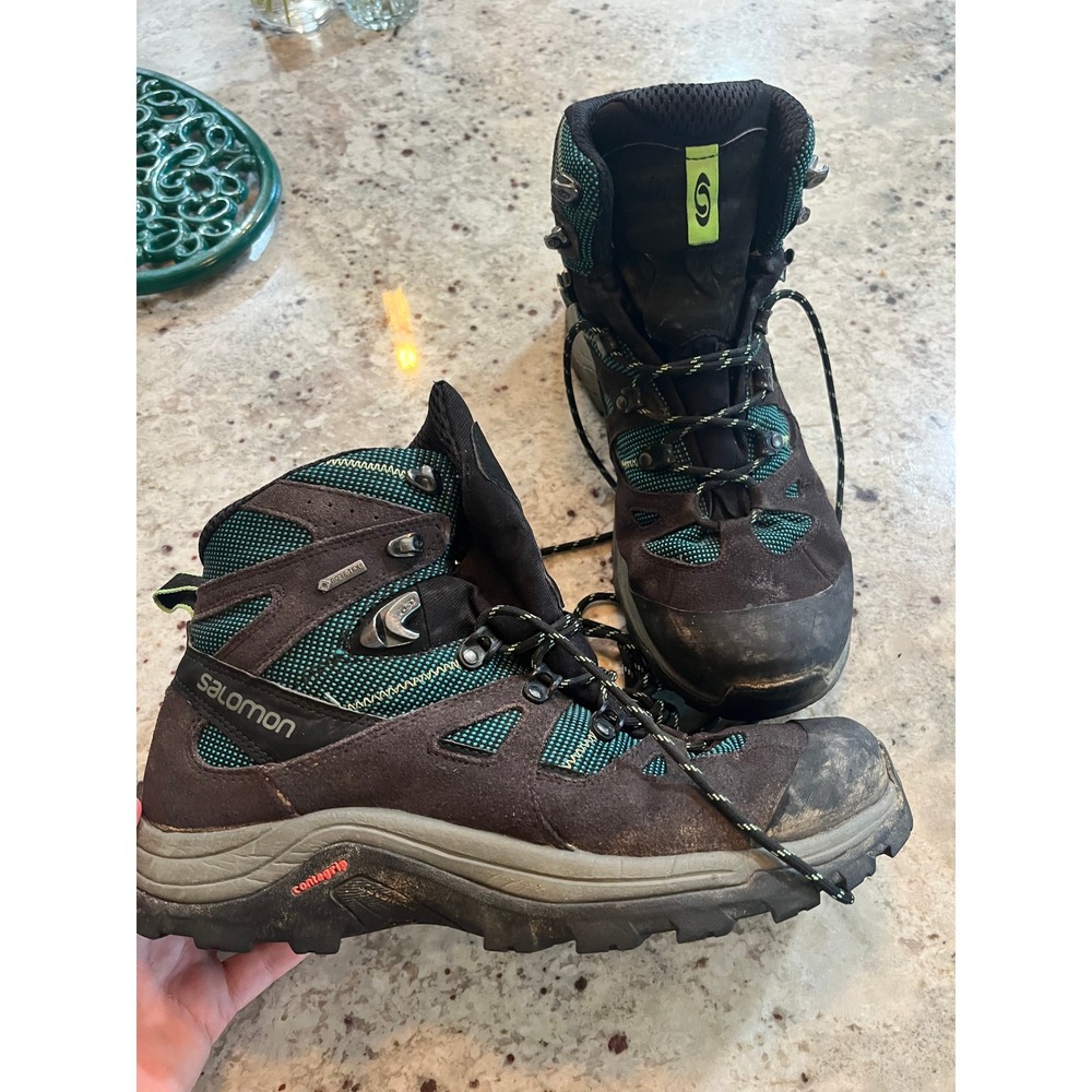 Salomon Gore-Tex Waterproof Hiking Boots Mens 9.5 Brown Teal 390408 Contagrip